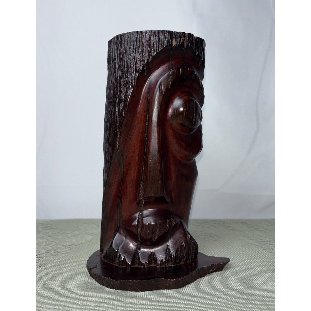 Hand Carved Face Sculpture Figurine Costa Rica Mahogany Wood Shiny Signed